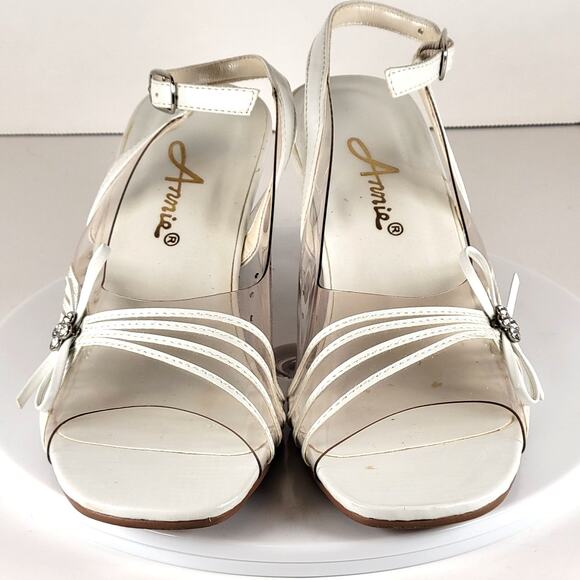 Annie White Slingback Sandals 6M Open Toe Clear Heel Strappy Bow Rhinestones - Picture 5 of 16